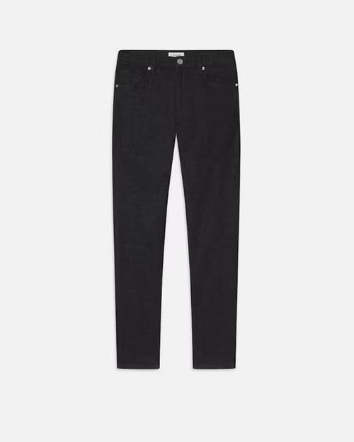 A pair of black jeans with silver buttons placed against a plain white background.