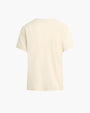 The backside view of a beige crewneck t-shirt against a white background.