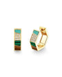 A pair of gold, edged hoop earrings with multi-color geometric designs, and a gold outline. The earrings are standing up on a white surface.