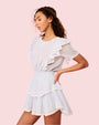 A side view of a person wearing a white dress with ruffled sleeves and a tiered skirt. The dress has a fitted bodice with intricate ribbed detailing appearing vertically down the neckline to the skirt, as well as ruffled lace detailing down the shoulders. The ruffled sleeves are short and puffed. The tiered skirt consists of multiple layers, each adorned with delicate lace trim, creating a flowing and elegant silhouette.