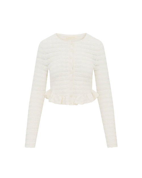A full shot of a white, long-sleeved cardigan with a horizontal lace striped texture and frills at the waist, placed against a white background.