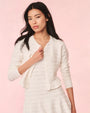 A waist-up shot of a dark-haired model wearing an open, white, long-sleeved cardigan over a matching white dress. The cardigan has a horizontal lace striped texture and frills at the waist. The background is plain pink.