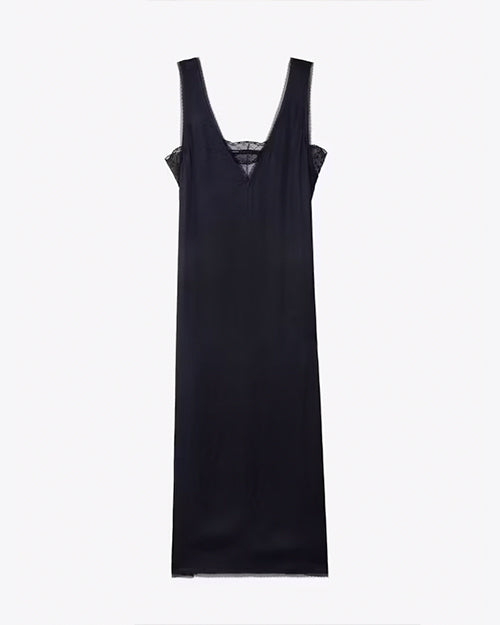 A sleeveless black dress with a V-neckline and lace detailing around the chest and arm openings. The background is plain white.