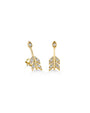 A pair of arrow & feather shaped earrings adorned with jewels. The background is plain and white.
