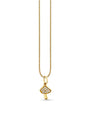 A gold chain necklace with a gold mushroom pendant adorned with jewels. The chain is hanging over a white background.