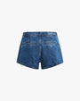 A pair of blue denim shorts with the words "Favorite Daughter" embroidered on the waist band. The shorts are placed in front of a white background.