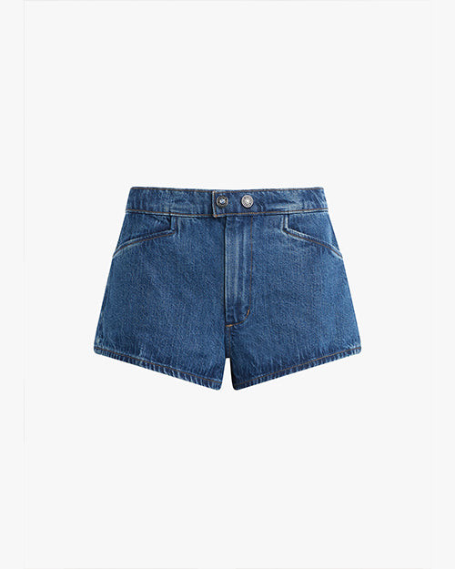 The frontside view of a pair of blue denim shorts with two buttons and slanted pockets. The background is white.