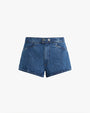 The frontside view of a pair of blue denim shorts with two buttons and slanted pockets. The background is white.