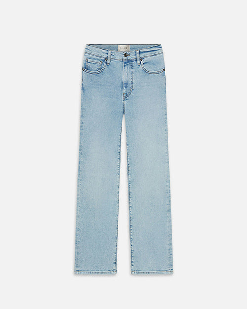 A pair of light blue jeans, high-waisted with front pockets and straight legs. The pants have button and zipper closure and a slightly worn look.