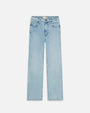 A pair of light blue jeans, high-waisted with front pockets and straight legs. The pants have button and zipper closure and a slightly worn look.