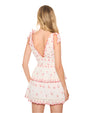 A knee-up backside view of a blonde model wearing a white sleeveless dress with a V-back featuring bow tied straps, red cherry patterns, red scalloped edges, and a double layered skirt. The background is plain white.