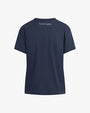 A backside view of a navy-blue t-shirt. Under the neck trim reads "Favorite Daughter". The t-shirt has a classic crew neckline and short sleeves.