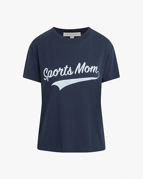 A navy-blue t-shirt with the text "Sports Mom" written in white across the chest in vintage baseball font. The text is in a bold, uppercase font and is centered on the chest area. The t-shirt has a classic crew neckline and short sleeves.