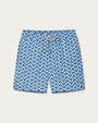A pair of blue and white zigzag patterned swim shorts with striped drawstrings. The shorts are placed against a white background.