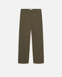A pair of green trousers with a white rectangular tag on the inner waistline. The pants are placed in front of a white background.