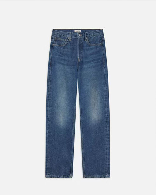 A pair of blue jeans with slight fading on the thighs and knees. The background is plain white.
