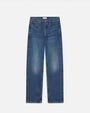 A pair of blue jeans with slight fading on the thighs and knees. The background is plain white.