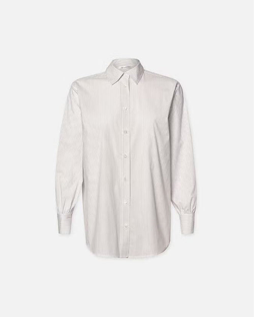A white long-sleeve button-up shirt floating in front of a white background.