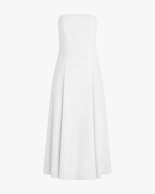A long, strapless white dress that reaches down to the ankles, placed in front of a white background.