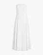 A long, strapless white dress that reaches down to the ankles, placed in front of a white background.