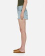 A sideview lower body image of a model wearing a green top tucked into light-wash denim shorts with frayed ends, and brown sandals. The model is standing in front of a white background.
