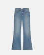 A pair of light blue denim jeans with flared legs, and a slightly worn look, placed in front of a white background. The inner waistline has a white tag.