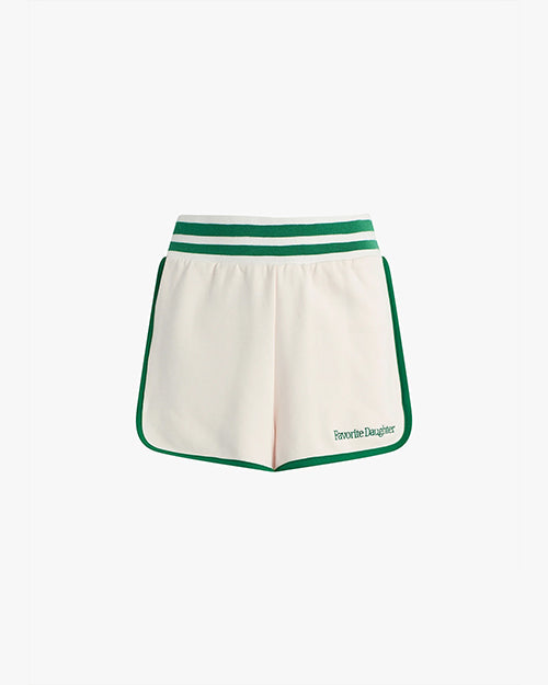 The frontside view of a pair of white athletic style shorts with green trim along the sides and hem. The shorts have an elastic waistband with 2 green stripes, and the bottom left leg reads "Favorite Daughter" in green text.