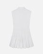 The backside view of a sleeveless white dress with a collar. The dress has a tailored fit and a ruffled skirt.