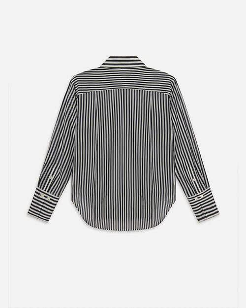 The backside view of a navy and white thin striped button-down shirt in front of a white background.