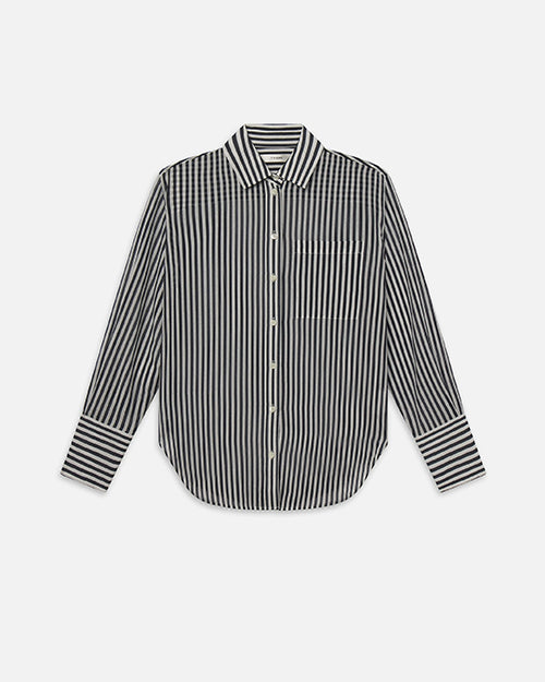 A navy and white thin striped button-down shirt with wide wrist cuffs, a collar, and a front pocket. The shirt is placed in front of a white background.