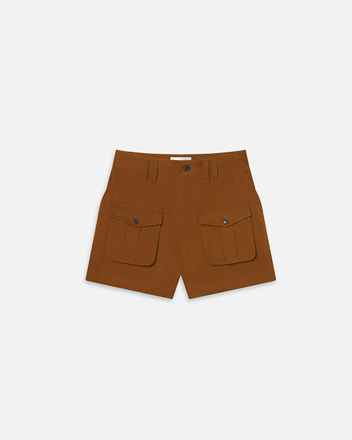 A pair of high-waisted brown shorts with two large front pockets featuring flap closure with double belt loops. The shorts are placed against a white background.