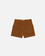 A pair of high-waisted brown shorts with two large front pockets featuring flap closure with double belt loops. The shorts are placed against a white background.