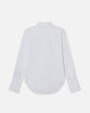 The backside view of a white and light blue striped long-sleeve button-up shirt. The shirt is placed in front of a white background.
