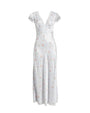 A long, light-blue dress featuring short sleeves with laced edging and a laced V-neckline. The dress has a floral pattern with small pink flowers and is placed against a white background.