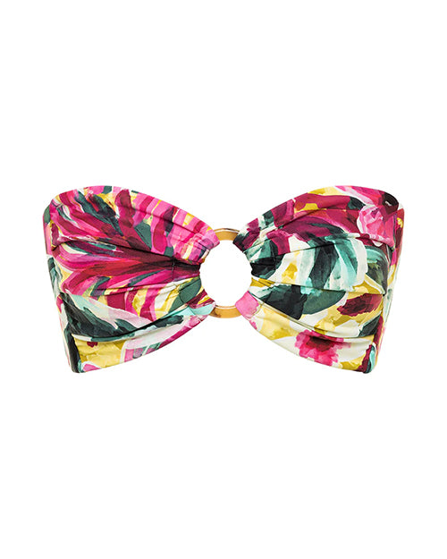 A strapless bandeau style bikini top with a colorful floral brushstroke pattern, and an O-ring detail in the center. The background is completely white.