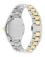 Back view of a Ferragamo luxury wristwatch with a two-tone silver and gold metal band, showing engraved details including 'Sapphire Crystal,' 'Stainless Steel,' 'Water Resistant,' 'Swiss Made,' and '5ATM'.