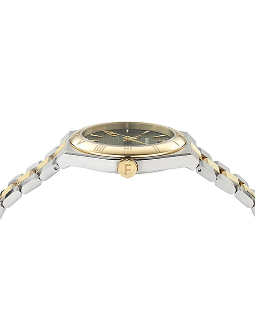 Side view of a luxury wristwatch with a round face, gold bezel, and engraved 'F' on the crown, featuring a two-tone metal band with alternating gold and silver links.