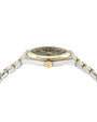 Side view of a luxury wristwatch with a round face, gold bezel, and engraved 'F' on the crown, featuring a two-tone metal band with alternating gold and silver links.