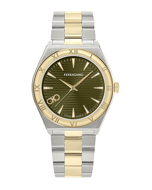 Ferragamo watch with two-tone metal strap on a white background