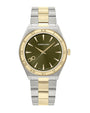 Ferragamo watch with two-tone metal strap on a white background