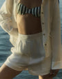 A close-up body shot of a model with her hand on her hip, wearing white linen shorts with a matching button-down top, which is open and showcasing a strapless bikini top with white and green stripes. The backgorund is a body of water.