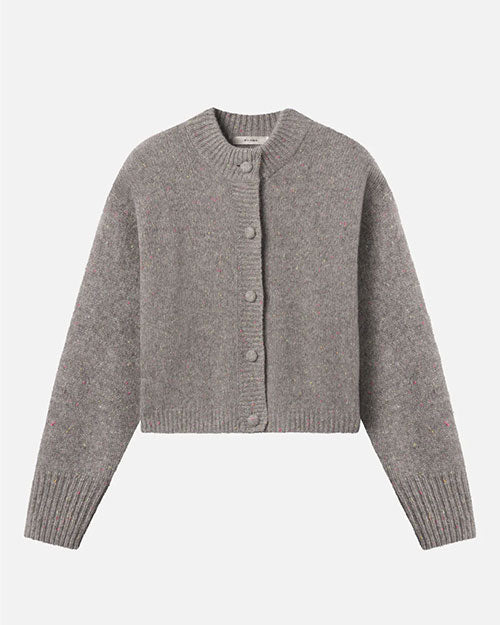 Light gray cropped knit cardigan with a ribbed mock neck, fabric-covered buttons, and long sleeves, displayed flat against a white background.