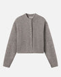 Light gray cropped knit cardigan with a ribbed mock neck, fabric-covered buttons, and long sleeves, displayed flat against a white background.