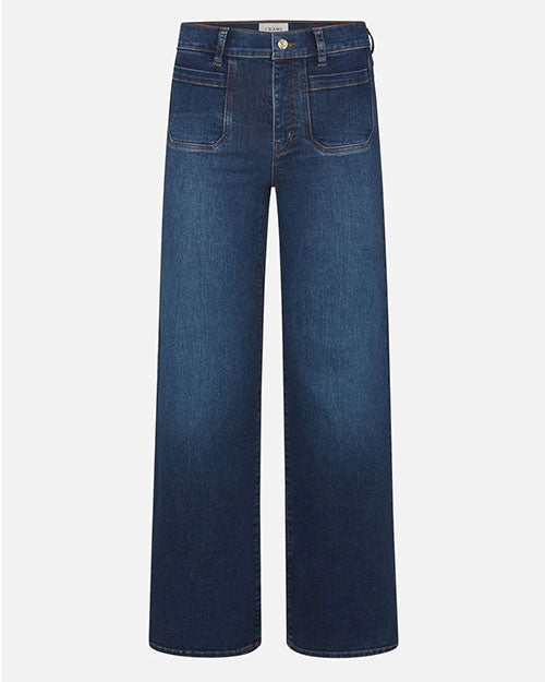 Front view of high-waisted blue wide-leg jeans with front patch pockets and button closure, displayed flat against a white background.