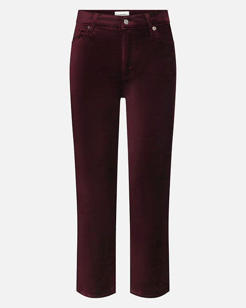 Front view of high-waisted velvet pants in deep burgundy, displayed flat against a white background with button and pocket details.