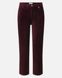 Front view of high-waisted velvet pants in deep burgundy, displayed flat against a white background with button and pocket details.