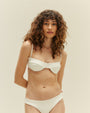 A waist-up view of a brunette model with her hands behind her back, wearing a white bikini with thin straps and a horizontal line in the middle of the top. The background is plain white.