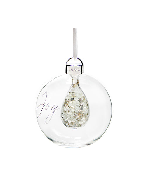 Hand Blown Glass Filled with Crystal and Silver Stones. Joy written on glass.