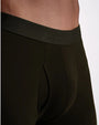 A close-p image of a model wearing a pair of dark green boxer briefs, standing against a white background.