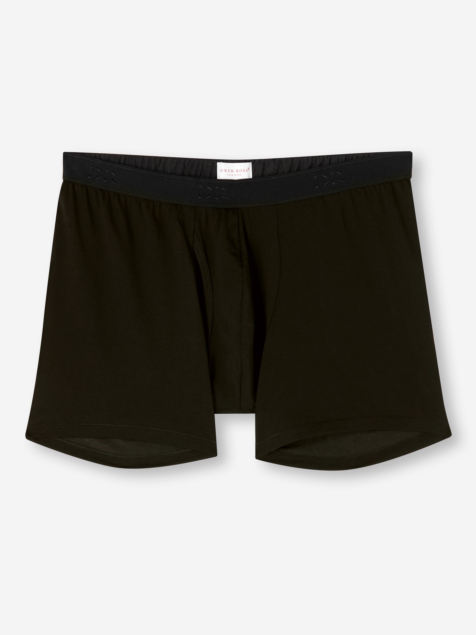 A pair of black men's boxer briefs with a white tag on the inner waistline.